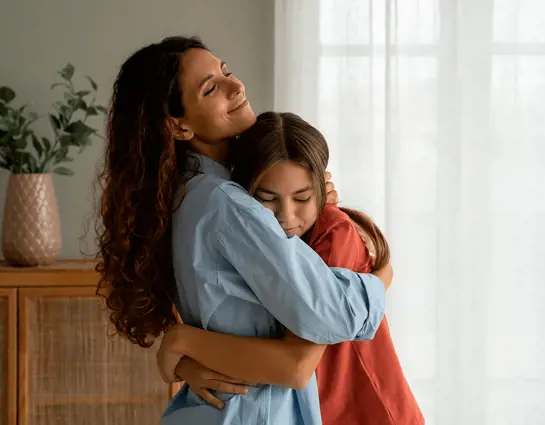 A girl hugs her mother